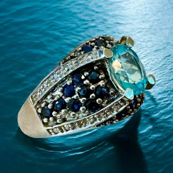 Aquamarine | Spinel | Diamond | Sterling Silver Dome Ring (8) - Picture 1 of 7